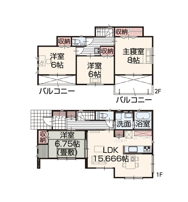 新築　桐生市広沢町4丁目　1号棟の間取り|4LDK　建物約31坪　全居室6帖以上！2階にも洗面台あり！
