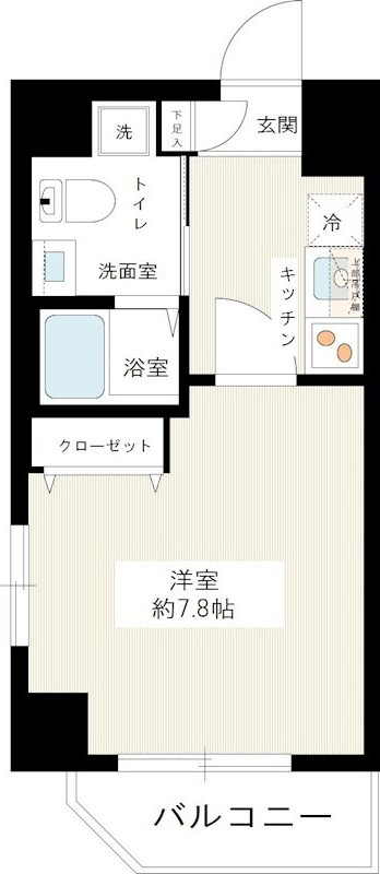 HY's diletto(ハイズディレットの間取り|間取り　角部屋２面採光の1K洋室7.8帖バストイレ別独立洗面台！