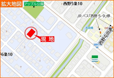 【地図】 | 西区西野6-10　更地渡し101坪土地 | バス停歩４分・乗車10分で宮の沢駅♪西野屯田通からも近くマイカーアクセスも便利♪