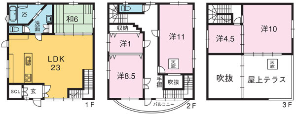 「天窓・屋上テラス付」高知市一宮中町2丁目　中古一戸建ての間取り|開放感溢れる吹き抜け＆豊富な居室数を誇る贅沢な間取り。