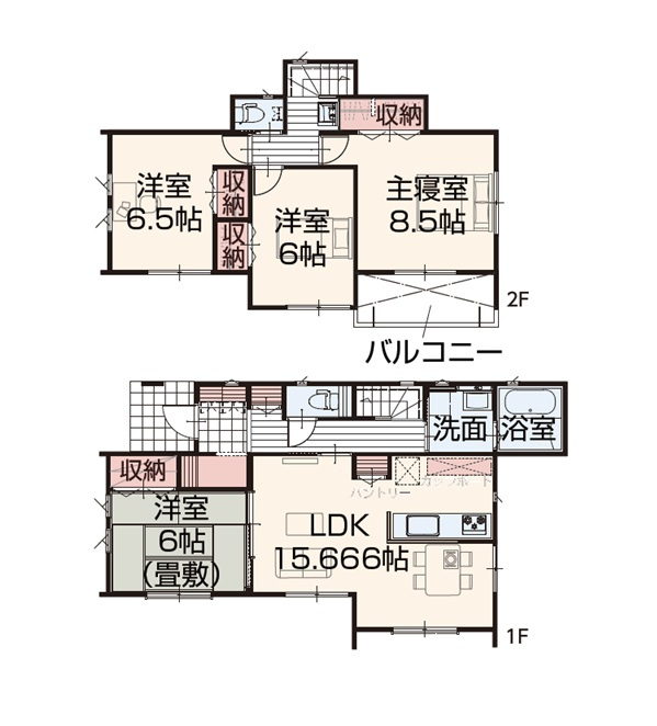新築　桐生市広沢町4丁目　2号棟の間取り|4LDK　建物約31坪　全居室6帖以上！2階にも洗面台あり！