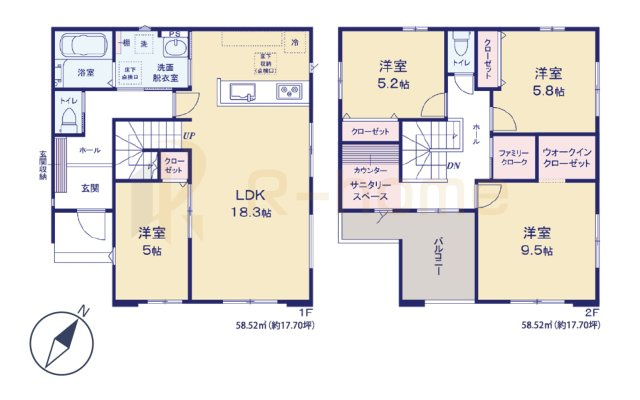龍ケ崎市松ケ丘5期　新築戸建て　1号棟の間取り|4LDK＋WIC＋ファミリークローク、土地面積169.52m2、建物面積117.04m2