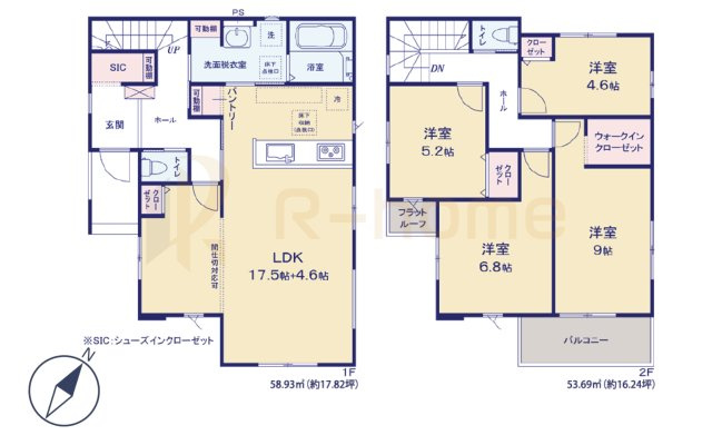 龍ケ崎市松ケ丘5期　新築戸建て　2号棟の間取り|4LDK＋WIC＋SIC＋パントリー、土地面積169.78m2、建物面積112.62m2