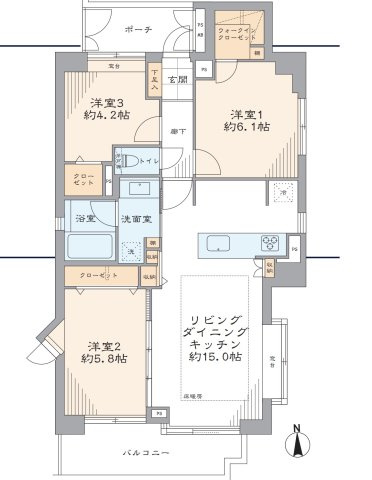 ソフィア両国の間取り|3LDK 専有面積： 73.66m2　バルコニー面積： 7.79m2
独立性を高める専用ポーチ付きです。4方向に窓がある角部屋で通風も良く、豊富な収納や床暖房など、快適に暮らせる魅力的な間取りです。