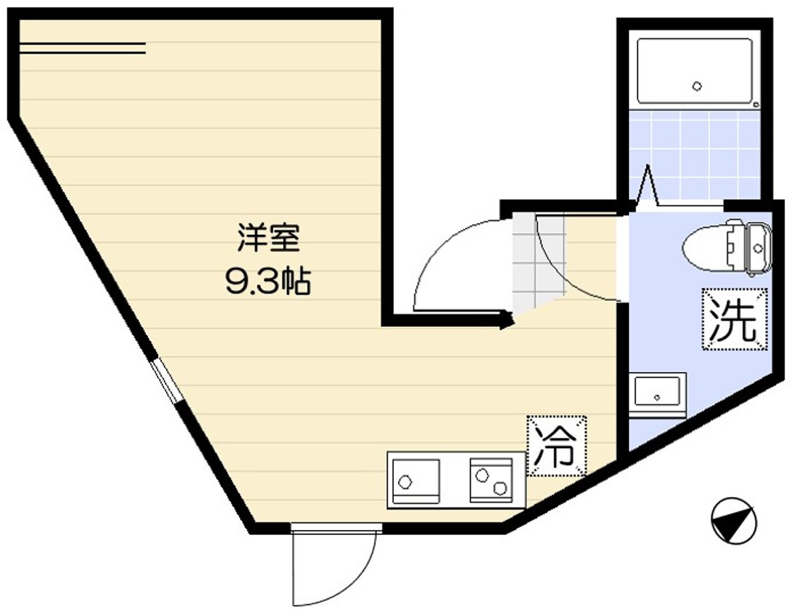 アライズの間取り|洋室9.3帖の1Rバストイレ別独立洗面台！
