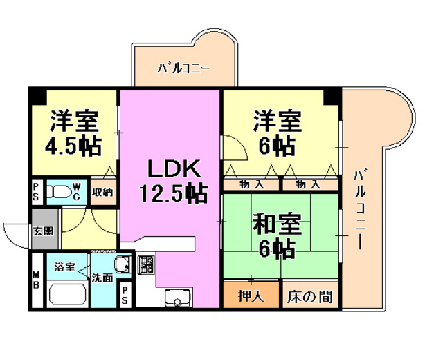 芦屋市平田町の賃貸マンションの間取り