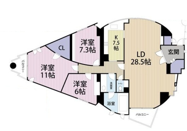 芦屋市三条町の賃貸マンションの間取り