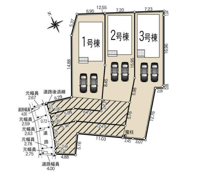【同施工物件ご案内可能】みよし市福谷町蔵屋敷　全3棟の区画図|全体区画数｜全3棟　　　　　　　　　　　　　　　　　　　　　　　　　　　　
◆駐車4台可能！(但し、車種による)
◎まずは、お気軽にお問い合わせください。現地を案内しながら周辺環境も見て頂けます。　　
