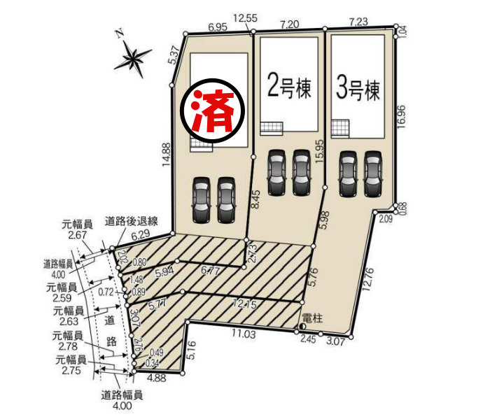 【同施工物件ご案内可能】みよし市福谷町蔵屋敷　全3棟の区画図|全体区画数｜全3棟　　　　　　　　　　　　　　　　　　　　　　　　　　　　
◆駐車4台可能！(但し、車種による)
◎まずは、お気軽にお問い合わせください。現地を案内しながら周辺環境も見て頂けます。　　