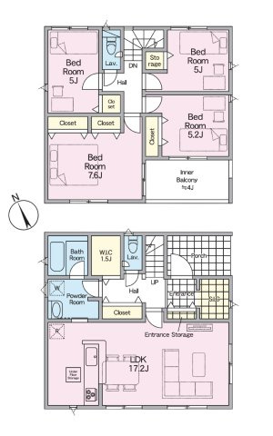 福津市畦町第1-4棟（2号棟）の間取り|全居室収納付きで便利です。