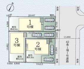 伊勢原市八幡台3期　新築一戸建て　1号棟の区画図|配置図