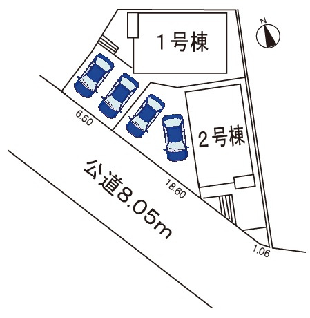 小牧市大字小松寺　新築戸建　1号棟の区画図|前面道路8ｍで駐車楽々