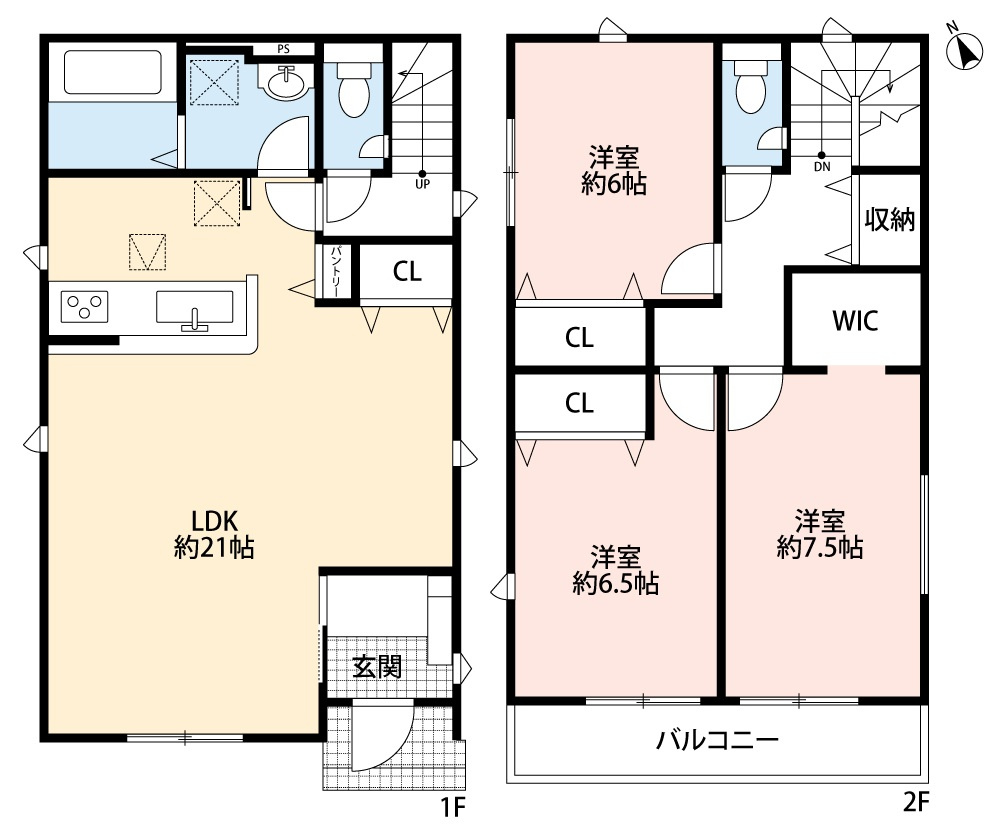 小牧市大字小松寺　新築戸建　2号棟の間取り|南向きの広々LDK２１帖！パントリー＆クローゼットあり♪
ウォークインクローゼット＆２階ホールに収納あり。