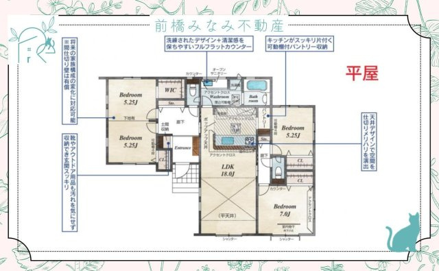 【新築平屋】前橋市女屋町　３号棟(全５棟)　ブルーミングガーデン　新築建売分譲の間取り