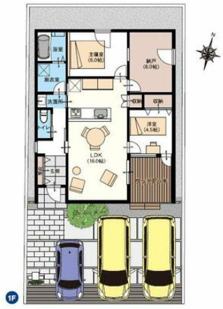 「デザイナーズ平屋」高知市鴨部　新築一戸建ての間取り|家事楽動線とウッドデッキのある充実の間取り。