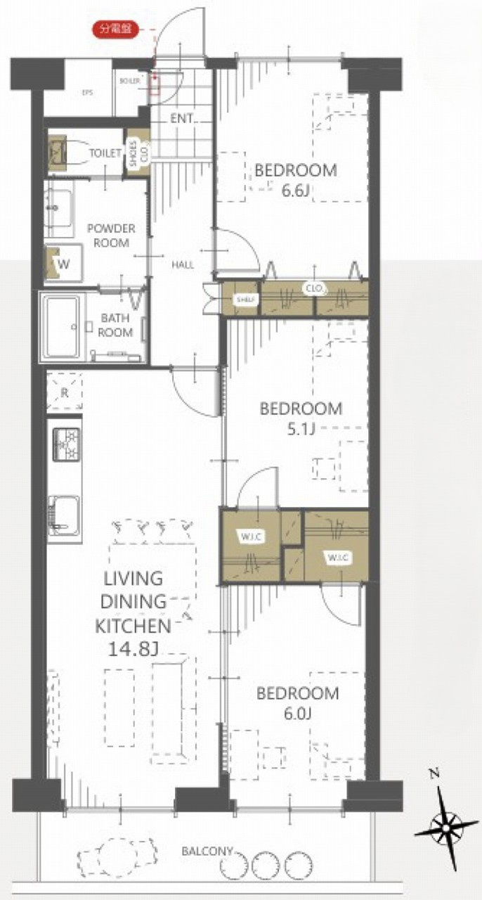 芝園ハイツ２号棟の間取り|3LDK 専有面積70.10m2 バルコニー面積6.86m2