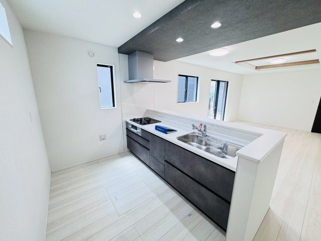柏市南増尾８丁目新築戸建（南増尾23期）のキッチン|お手入れしやすいレンジフード・シンクの水栓には浄水器がついてます！