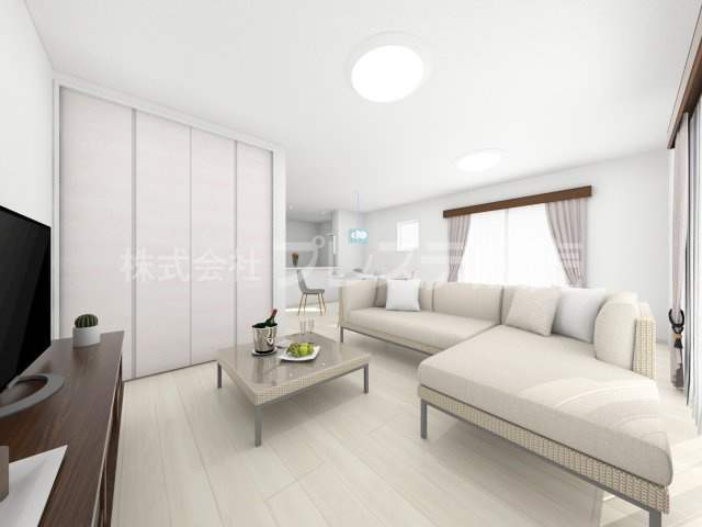 奈良市三碓１丁目の新築一戸建 全３区画の居間・リビング|２号地リビング完成イメージ／ＬＤＫ20.7帖！南向きですので、陽あたり良好です♪※モデルハウスあり