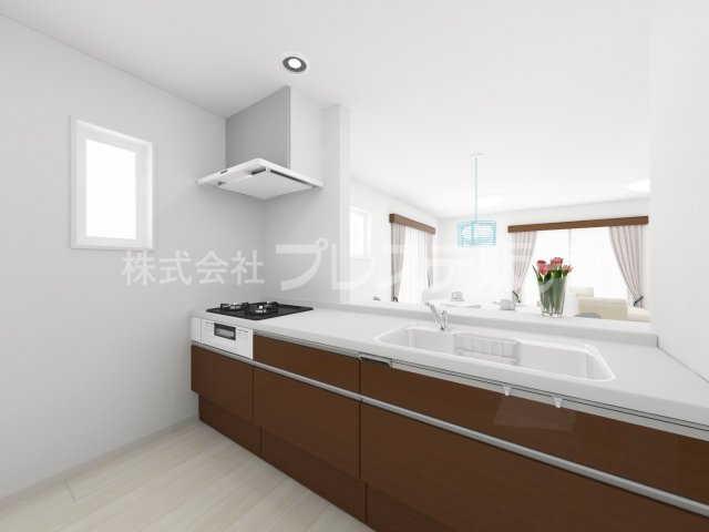 奈良市三碓１丁目の新築一戸建 全３区画のキッチン|２号地キッチン完成イメージ／人気の対面キッチン♪
