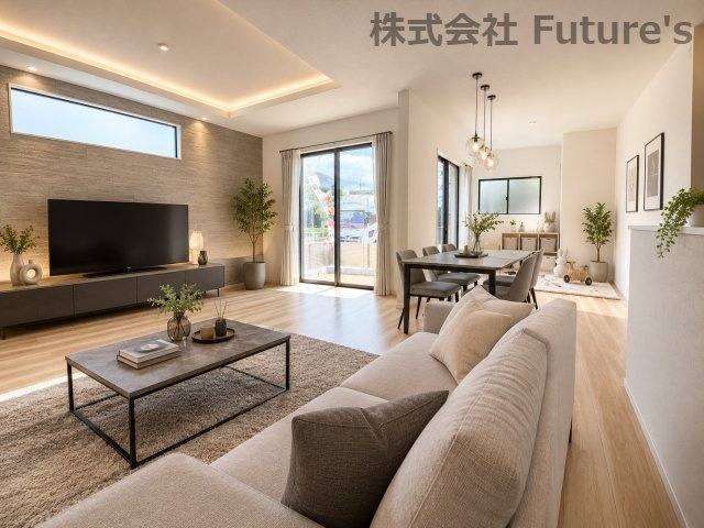 三郷市幸房　新築戸建　全1棟の居間・リビング|現況の物件写真にCGによる画像処理を行っています。家具、家電、小物、カーテン等はイメージはCGです。