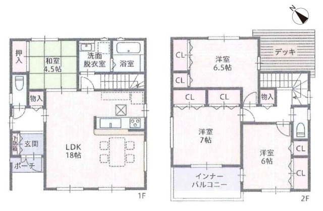 小牧市藤島１丁目　中古戸建の間取り|広々LDK18帖＋和室4.5帖の続き間！
２階にデッキあり♪