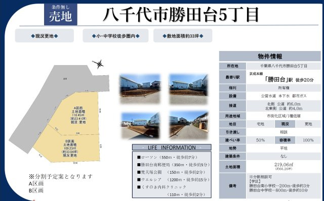 【区画図】 | 【仲介手数料無料】八千代市勝田台　建築条件なし売地 | 仲介O円団では掲載物件以外も仲介手数料無料にてご購入いただけます！