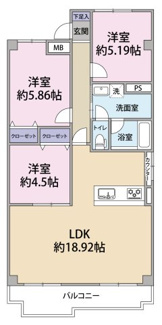 【間取り】 | サンライズ東雲A棟 | 3LDK　南向き角部屋