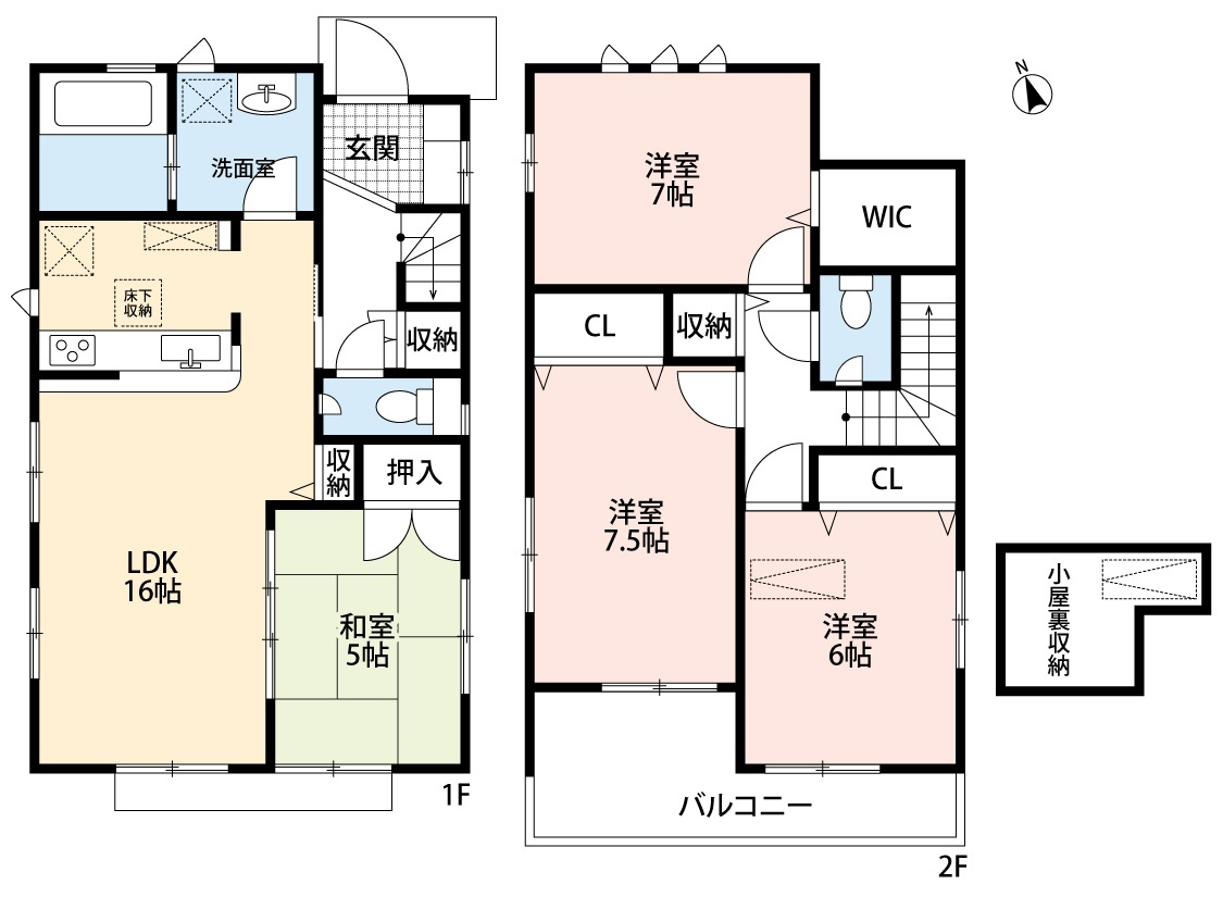 小牧市藤島町梵天　中古戸建の間取り|南面のLDK16帖＋和室５帖の続き間でゆとりの空間♪
小屋裏収納あり。ウォークインクローゼットあり。