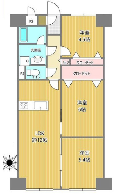 蓮田ビューパレーA棟の間取り|【3LDK：62.16㎡・ペット飼育可◎南西向き】12帖のリビングでゆとりのある空間をペットと一緒に！対面式キッチンで家族とおしゃべりしながらお料理できます。図面と現況が異なる場合は現況優先です。