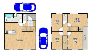 【間取り】 | 東野中１丁目　新築一戸建 | 【駐車２台可能】セカンドカーや来客時にも安心です！広々駐車スペースはママやお子様の自転車も停められますね♪