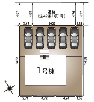 「5台並列駐車可」高知市百石町第3　1棟新築一戸建ての区画図|前面道路にゆったり配置！複数台の駐車にも対応可能な敷地◎