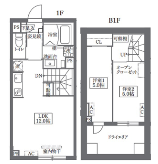 COCOCUBE鵜の木の間取り|東向きメゾネットの2LDK