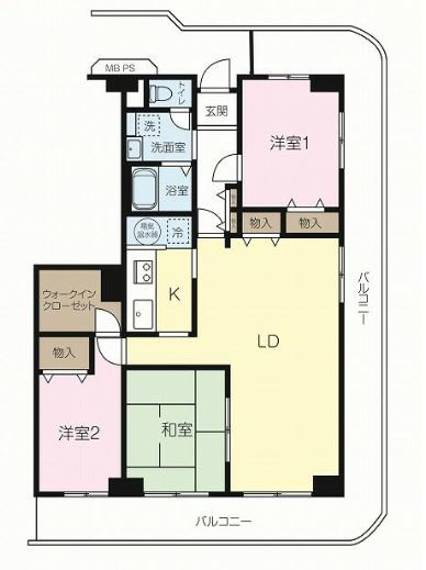 【中古マンション】ハイラーク川越の間取り|3面バルコニーで明るい室内です