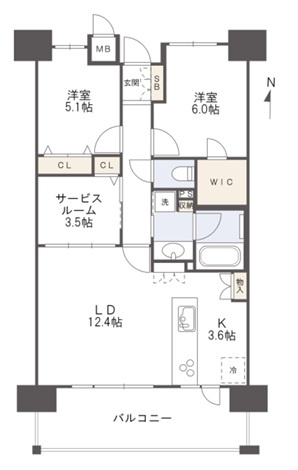 ポレスター越前町の間取り|ＬＤＫ約１６帖、洋室約６帖、約５．１帖、サービスルーム約３．５帖、ＷＩＣ。