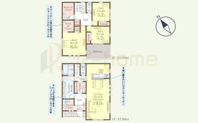ひたちなか市堀口3期　新築戸建て　2号棟の間取り|3LDK＋WIC＋SC、土地面積156.45ｍ2、建物面積110.95m2