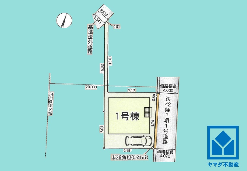 伊丹市荻野西１丁目 第１の区画図|クレイドルガーデン伊丹市荻野西第1、新築分譲住宅全1棟の1号棟。約2.5m幅の北側通路にも接続された敷地形状です。