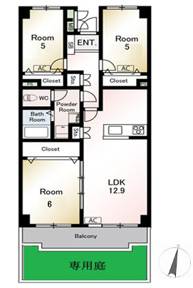 浦和元町ビューハイツの間取り|【3LDK：65.40㎡・南向き専用庭付き】1階部分に付き、専用庭付きで陽当たり良好！お子様の遊びのスペースやガーデニングも戸建てのような感覚で活用できるのが魅力。各洋室にクローゼットで収納力◎