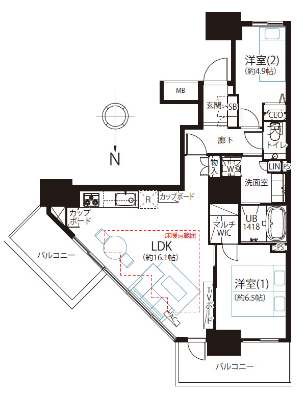 ■2LDK、専有面積：65.56平米、バルコニー面積：13.99平米