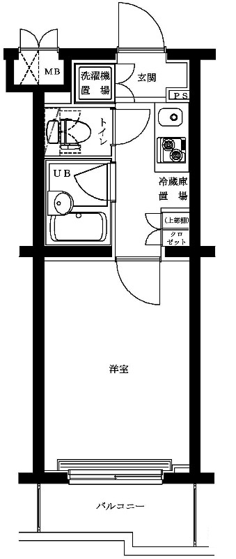 ルーブル蒲田本町の間取り|南向きバルコニーの1Kバストイレ別