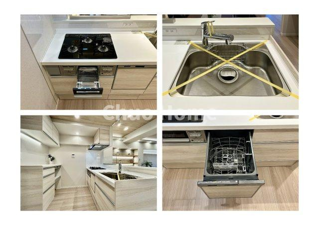 マンション東陽町のキッチン|【システムキッチン】ワイドで収納豊富な使い勝手の良いカウンターキッチンには、食洗器・伸縮タイプのキッチン水栓、三ツ口コンロ・魚焼きグリルなどの便利な設備が標準完備されています。