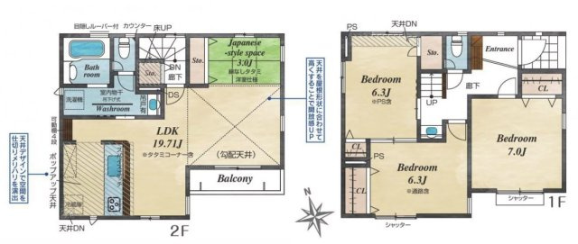 川口市在家町 全8棟 4号棟の間取り|4号棟　土地面積110.05㎡　建物面積93.57㎡　2階建　3LDK　畳コーナー　カースペース2台分(車種による)付