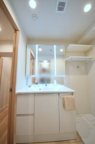 横川コーポラスの独立洗面台|清潔感あふれるシャワー付洗面台と洗面室。鏡の裏には、歯ブラシや化粧品、ドライヤーまでスッキリ収まる大容量の収納スペースがあります。