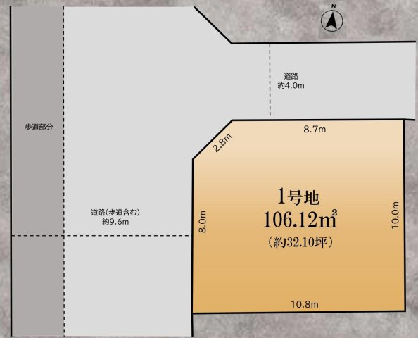 三郷市鷹野3丁目　建築条件無し売地の土地図|北西角地に位置する開放的な立地
