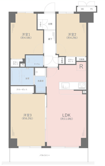 【間取り】 | クリオかしわ台伍番館 | 3LDKは、リビングダイニングキッチンと3つの居室がある間取り。ファミリー層に非常に人気の高い間取りで、広々としたリビングで家族団らんを楽しみ、個室でプライベートな時間も確保できるのが大きな魅力です。
