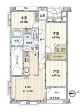 シャリエ高井戸ソルパティオの間取り|シャリエ高井戸ソルパティオ：最上階・東向き角部屋！全居室収納・窓が付いた３ＬＤＫエアコン付きリノベーション物件には玄関ポーチが付いております！