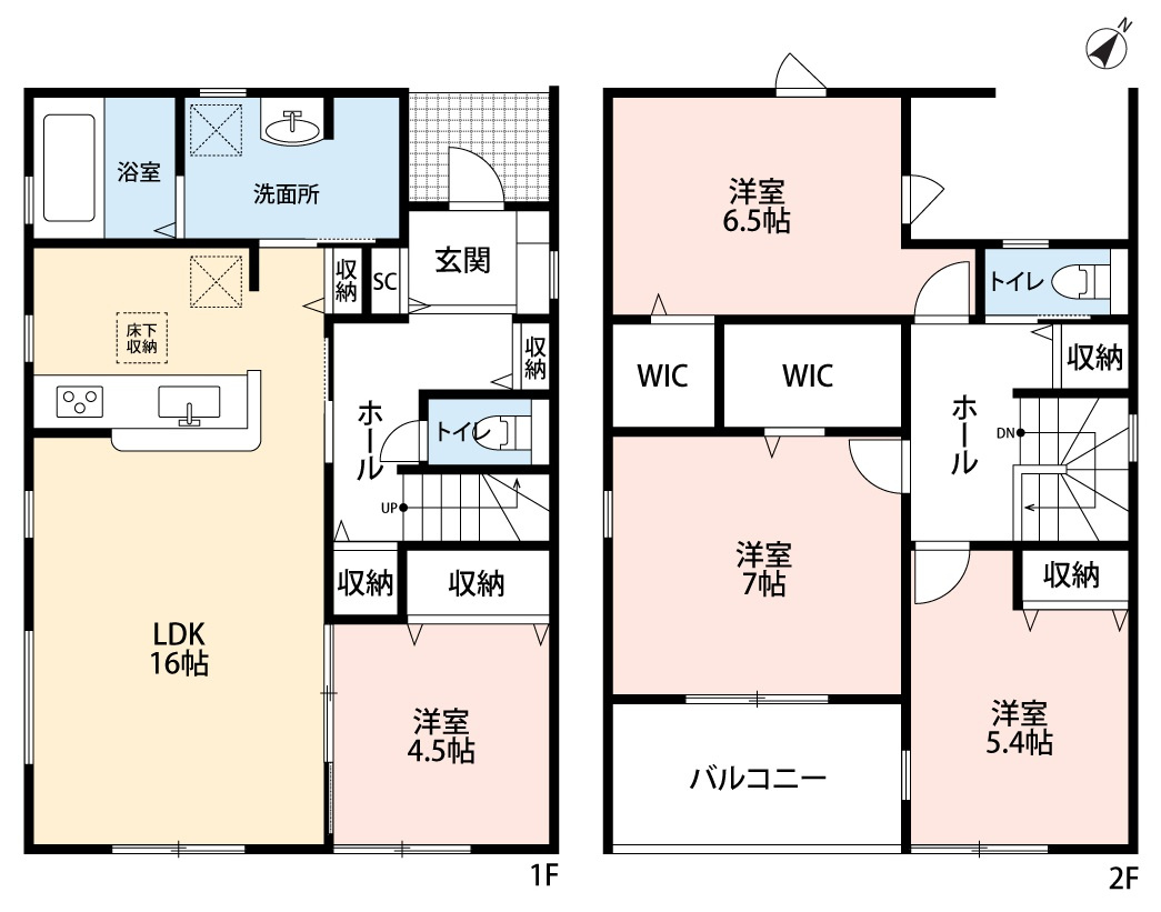 小牧市大字池之内　新築戸建　２号棟の間取り|南面の明るいLDK16帖＋洋室４.５帖の続き間でゆとりの空間です。
２階ホールの収納＆ウォークインクローゼット２ヶ所で収納豊富です。