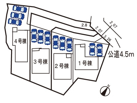 小牧市大字池之内　新築戸建　２号棟の区画図|全４区画・駐車場並列３台可。