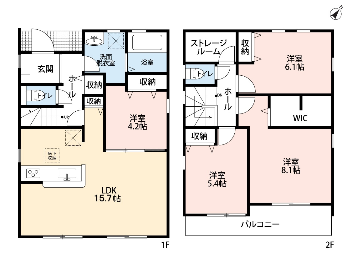 小牧市大字池之内　新築戸建　３号棟の間取り|南面の明るいLDK15.7帖＋洋室４.2帖の続き間でゆとりの空間です。
ストレージルーム＆ウォークインクローゼットで収納豊富です。