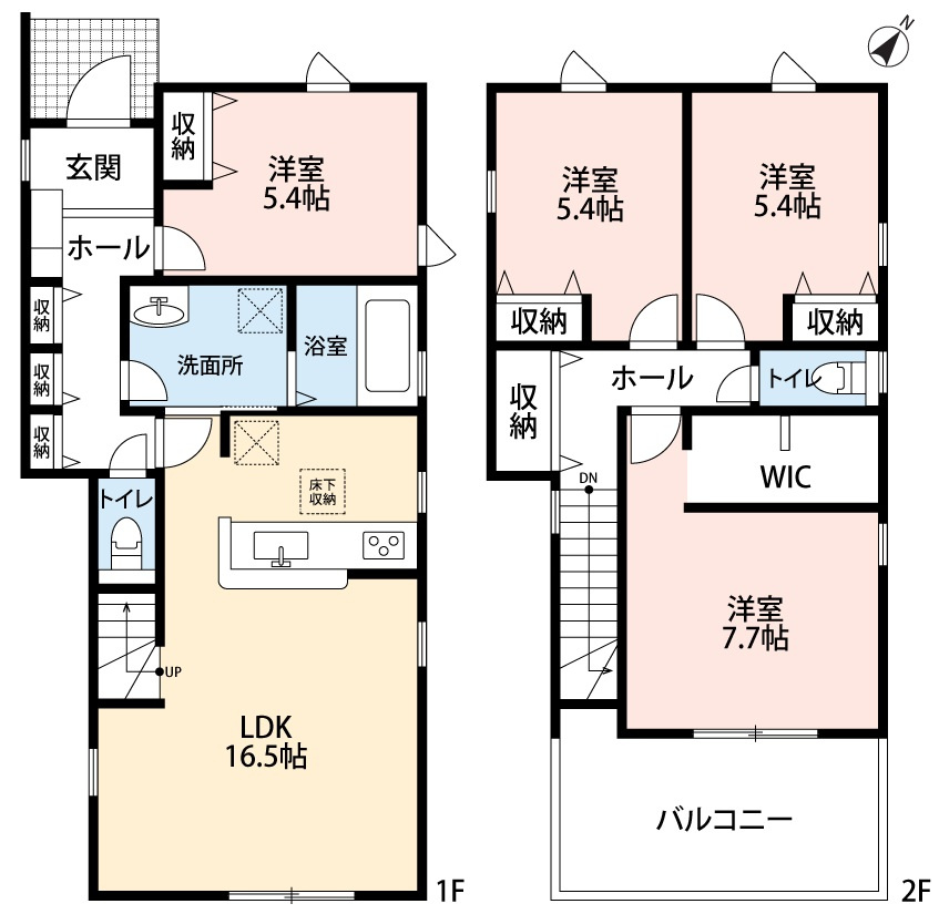 小牧市大字池之内　新築戸建　４号棟の間取り|南面の明るいLDK16.5帖・リビング階段です。広々バルコニー。
２階ホールに収納＆ウォークインクローゼットで収納豊富です。