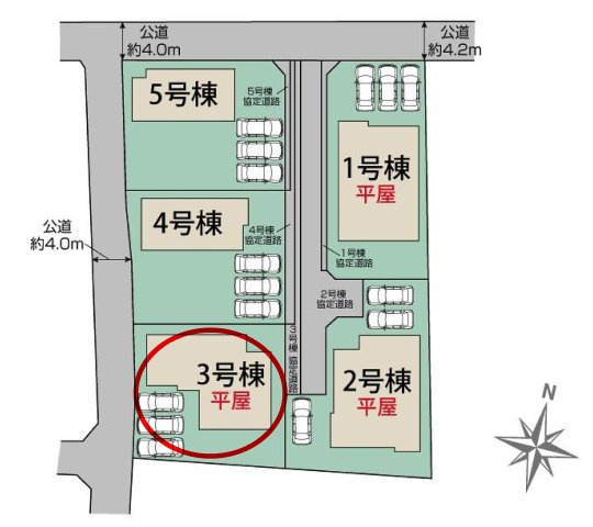 ブルーミングガーデン前橋市女屋町　３号棟（平屋）の区画図|駐車場３台以上ご用意しています！来客時も重宝します♪
並列駐車なので、車の出し入れもしやすいですよ！